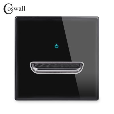 ☄卐 COSWALL 1/2/3/4 Gang 1/2 Way Toggle On / Off Wall Light Switch Blue Backlight Data CAT6 HDMI USB Charging Glass Panel Black