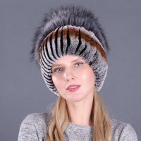 Womens Genuine Rex Rabbit Fur Hats Winter Rex Rabbit Fur Beanies Striped Head Top Flower Faux Fox Fur Warm Real Fur Knit Caps