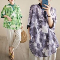 COD DDDGRYTRY Oladivi Plus Size Women Casual Loose Linen Shirts 2023 Summer New Short Sleeve Oversized Blouses Fashion Print Ladies Big Top Tunics L XL XXL 3XL 4XL 5XL 6XL 9177 F005