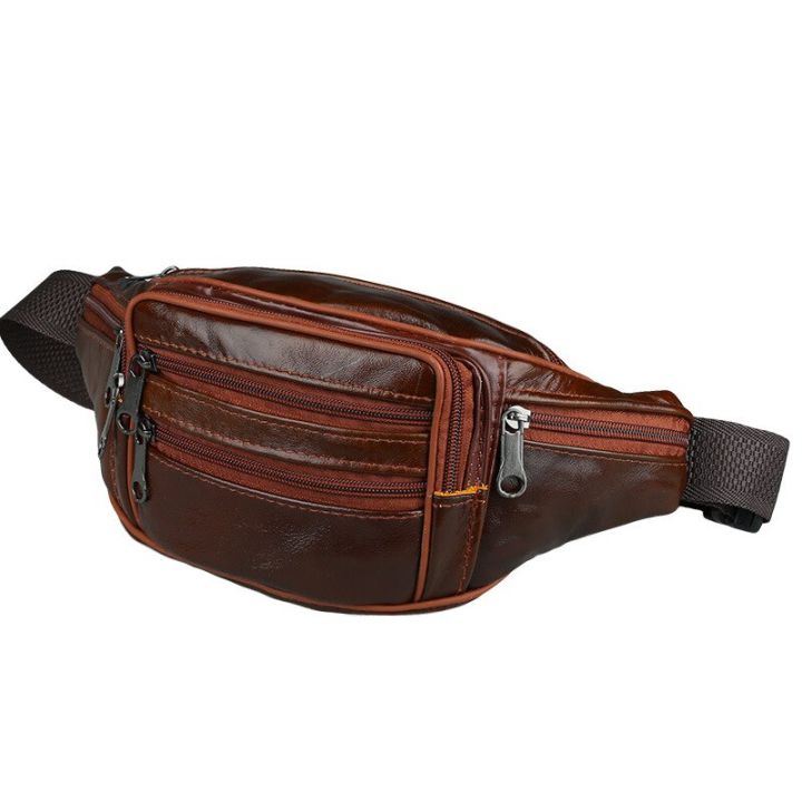 genuine-leather-fanny-pack-for-men-outdoor-travel-waist-bag-cowhide-large-size-7-pockets-chest-bags-phone-pouch-running-camping-running-belt