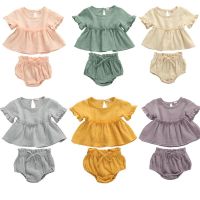 0-24M Newborn Infant Baby Girls Solid Cotton Linen Clothes Sets Ruffles Short Sleeve Tops Dress Shirt+ Shorts 2pcs Sets  by Hs2023