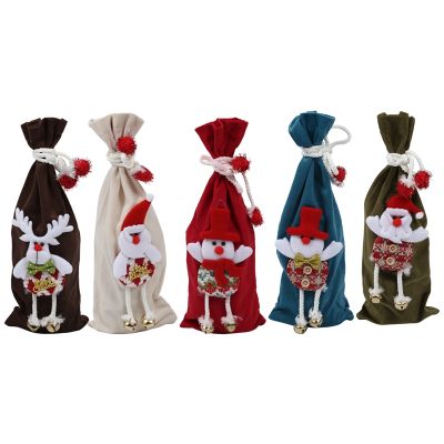 6 Pcs Christmas Wine Bottle Covers Bell Santa Clause Doll Decor Snowman Deer Bottle Cover Kitchen Decor for Xmas Dinner Party Decoration