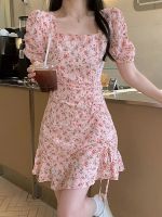 【CC】Zoki Sweet Women Sexy Print Flower Dress Fashion Puff Sleeve High Waist Mini Dress summer Elegant Female Shirring Korean Dress