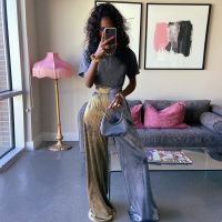 Sexy Color Blocking Wide Leg Pants Women Bicolor High Waist Gold Stamping Draping Effect Loose Trousers  Fall Party Costume