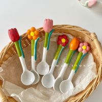 Cute girl heart three-dimensional tulip flower ceramic spoon ins coffee spoon dessert spoon stirring spoon small spoon 【Boutique】﹊❇☍