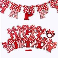 ㍿┅○ 1 Set Red Big Bow Minnie Mickey Mouse Banner Bunting Flags Happy Birthday Letters Banner Garland