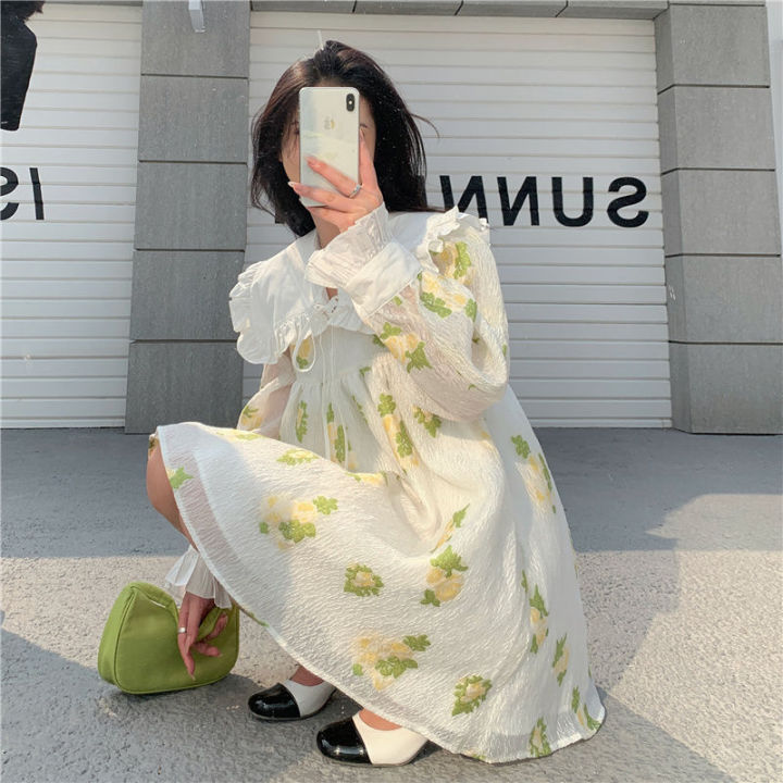 coconi-ชุดเดรสลายดอกไม้สำหรับผู้หญิงสไตล์เกาหลี-ชุดกระโปรงทรงเอสั้นทรงหลวมคอตุ๊กตา-baju-perempuan