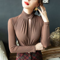 Long Sleeve Top Turtleneck Bottoming Shirt Autumn and Winter New Mesh T-shirt Long-sleeved Fashion All-match Black Twisted