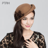 [PTAH] ทำด้วยผ้าขนสัตว์ฝรั่งเศส Beret หมวกสีทึบ Beret หมวกสำหรับผู้หญิงสาวอารมณ์หรูหรา100 ขนสัตว์วินเทจธรรมดา Beret ลูกไม้โบว์