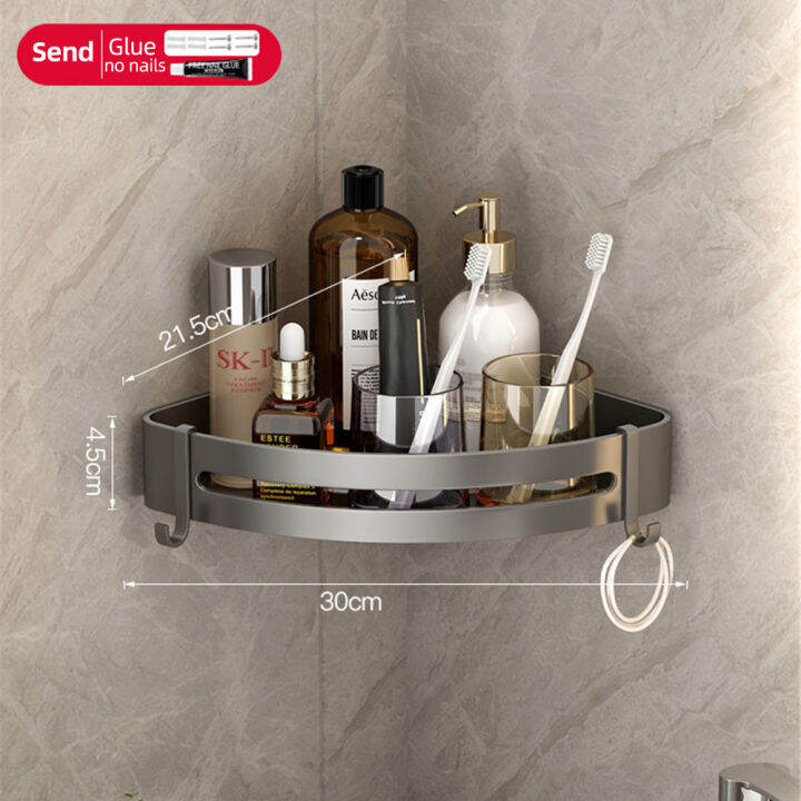 ชั้นวางของในห้องน้ำ-no-drill-ชั้นวางฝักบัวอาบน้ำทรงสามเหลี่ยมติดผนัง-space-ชั้นวางของเข้ามุมห้องน้ำอะลูมิเนียม-grey-bathroom-storage-rack