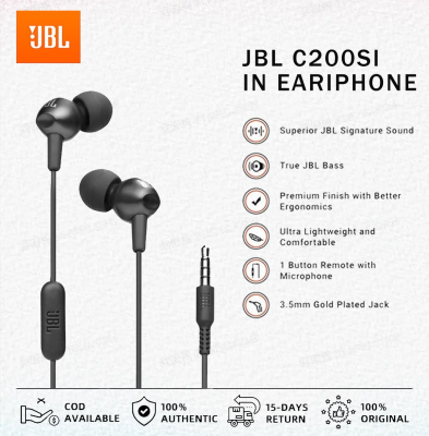 C200SI JBL ดั้งเดิมเฮดโฟนแบบเสียบหูเพลงเบสลึกหูฟังชุดหูฟังสำหรับเล่นกีฬาพร้อมไมโครโฟนโทรแฮนด์ฟรี