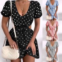 【Ladies shop】เซ็กซี่ Cutout Tunic Dot PrintWomen V คอแขนสั้น HollowWaistUp ชุดงานแต่งงานหญิง Vestidos