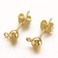 10Pair Brass Post Earring Findings with Loop Nickel Free Golden 15x6mm Hole: 1mm Pin: 0.8mm Ball: 4mm