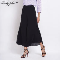 Lady Plus กางเกงผ่าข้างแต่งผ้าชีฟอง | Flare Pants สีดำ