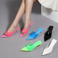 【Fast Shipping】Thin heeled sandals, high heeled pointed fashion sandals, PVC upper, cat heels, wearing large European and American womens shoes outside