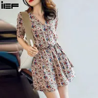 IEF Printed short-sleeved jumpsuits small plus size V-neck waist-reducing age temperament shorts women