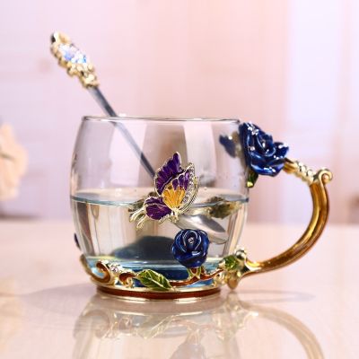ถ้วยชาเคลือบคริสตัลรูปกุหลาบสีน้ำเงินถ้วยแก้วกาแฟผีเสื้อดอกไม้น้ำถ้วยพร้อมช้อนเครื่องดื่ม Sloki Kaca คนรักของขวัญแต่งงาน