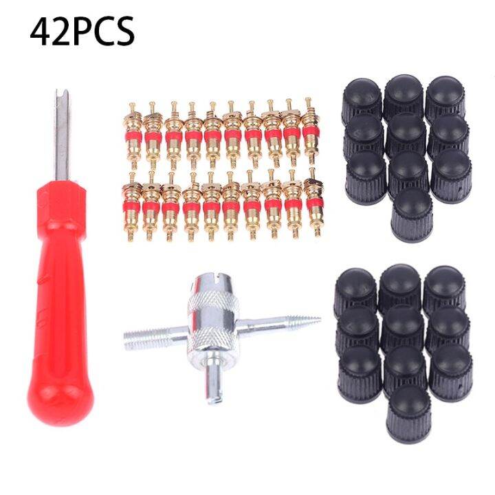 42PCS Car Tyre Valve Repair Kit Valve Cores Remover 4Way Valve Tool