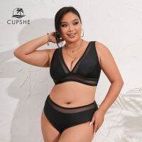 HOT★CUPSHE Plus ขนาดตาข่าย V คอเอวกลางชุดบิกินี่สำหรับสตรีสีดำขนาดใหญ่2ชิ้นชุดว่ายน้ำ2023ชุดว่ายน้ำชุดว่ายน้ำ