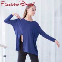 【Dog Egg Shop】 เสื้อแขนยาว Iregular Hem เสื้อโยคะเซ็กซี่เสื้อ Modern Dance Top Ballet Belly Training Exercise Baggy Jersey