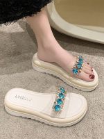 Sponge cake thick-soled slope heel slippers womens summer wear fairy style 2023 new transparent one word belt sandals high-heeled sandals