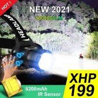 ไฟหน้า XHP199ทรงพลังชาร์จซ้ำได้1000000LM,ไฟหน้า LED XHP90.2เซ็นเซอร์อินฟาเรดไฟฉาย LED ไฟหน้า18650