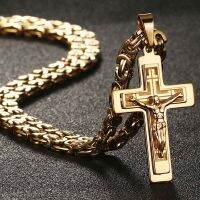 【CW】Jesus Cross Long Byzantine Chain Stainless Steel Necklaces Pendants for Men Christian Crucifix Necklace Religious Jewelry colar