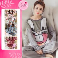 【READY STOCK】ST102 New Carton Design Women Long Sleeve Pajamas Plus-size Lovely Cartoon Print Nightwear Baju Tidur