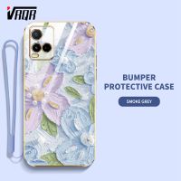 VRQR เคสโทรศัพท์สำหรับ Vivo Y21A Y21E Y21T Y21S Y21 2021 Y33S Y33T Y21G V2111 V2110 V2109 V2135 V2140 เคสนิ่มเคลือบอิเล็คโทรเพลทสไตล์ภาพวาดภาพสีน้ำมันดอกไม้กรอบแบนพร้อมฟรีสายคล้อง