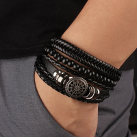 Leather Wristband Rope Bracelet For Men Vintage Rudder Charm Bracelet Mens Leather Bracelets Braided Wrap Bracelet