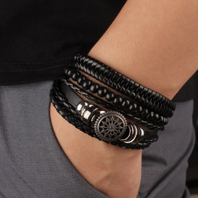 Wood Bead Bracelet Tribal-inspired Bracelet Mens Leather Bracelets Ethnic Tribal Wristband Braided Wrap Bracelet