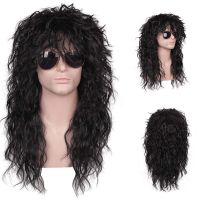 Men Wig Black Long Curly Wig Male Synthetic Cosplay Wigs Puffy High Fiber Machine For Rock Party  Fluffy Nightclub Bar Wig