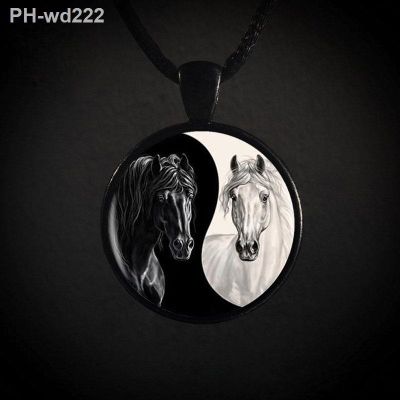 Yin Yang Horse Logo Cabochon Glass Photo Art Medallion Pendant Necklace Leather Chain Statement Handmade Necklace for Women
