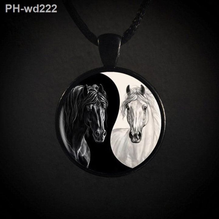 yin-yang-horse-logo-cabochon-glass-photo-art-medallion-pendant-necklace-leather-chain-statement-handmade-necklace-for-women