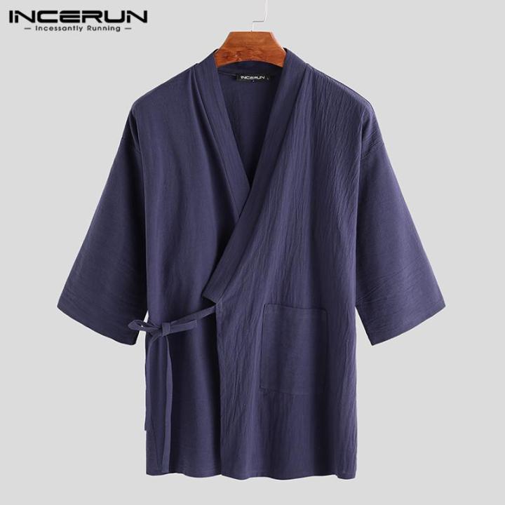 homewear-incerun-ชายชุดนอนยาวกางเกงชุดผ้าฝ้ายญี่ปุ่น-kimono-coat-ชุดนอนชุดนอน