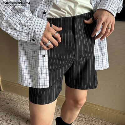 INCERUN กางเกงขาสั้นลายทางสีดำอเนกประสงค์ลำลองลำลองสำหรับผู้ชาย (สไตล์เกาหลี)