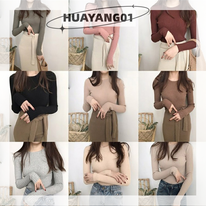 huayang01สเวตเตอร์ตาข่ายยืดหยุ่นผู้หญิง-สเวตเตอร์คอกลมแขนยาวยืดทรงหลวมสีพื้น2023ชิ้น