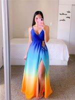 【Ladies shop】 Hirigin ผู้หญิงสายสปาเก็ตตี้ ChiffonMulticolor GradientCasual แขนกุด Slit PartyStreetwear Sundress