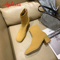 Aphixta Stretch Fabrics Sock Boots For Women Shoes 5.5cm Square Heel Yellow Knitting shoes Elastic Cottton Boots Lady Footwear