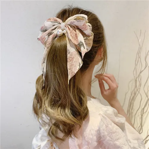 โบว์ติดผม Big Bow Floral Hairpin โบว์ผูกผม ผ้าพลีทลายดอกไม้ ประดับมุก ขนาด ใหญ่ สวยงาม หรูหรา เครื่องประดับผม กิ๊บติดผม ยางรัดผม กิ๊บผม แฟชั่น | No  Brand |กรุงเทพมหานคร | Bztsuperstore