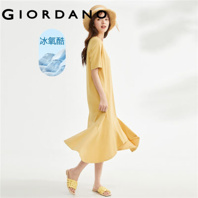 GIORDANO Women Dresses High-Tech Cooling Fishtail Fashion Dresses Short Sleeve Crewneck Solid Color Casual Dresses 05463479