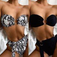 2023 Sexy Bikini Bandeau Women Snakeskin Black Swimwear Swimsuit Bikini Set Bathing Suit Female Belt Metal Hoop Decor Banadores