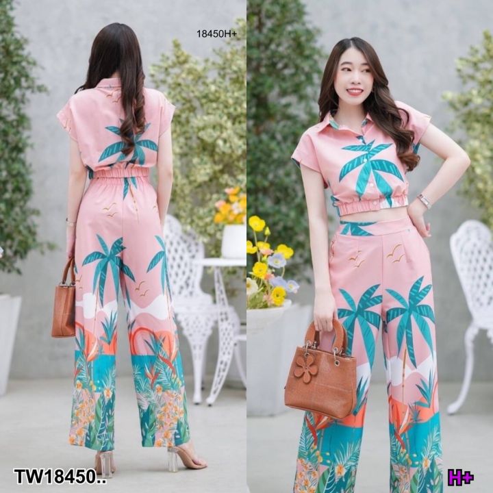 tw18450-set-2-ชิ้น-เสื้อครอปปกเชิ้ต-ลายต้นมะพร้าว-กางเกงขาายาวลายต้นมะพร้าว