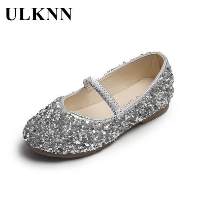 ULKNN Girls Leather Shoes Princess 2023 Spring New Non-Slip Soft Bottom Wear-Resistant Little Baby Sequined Childrens Shoes