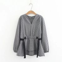 【มีไซส์ใหญ่】Plus Size Womens Long Sleeved Plaid Spring Summer Blouses V-neck Ladies Office-wear Vintage Female Tops Fashion Slim Vintage Blusas