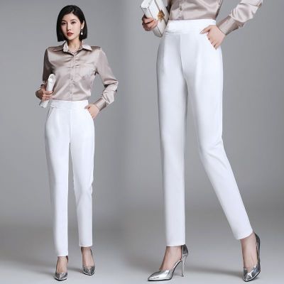 กางเกงผู้หญิงสีขาวผ้ากางเกง Harlan เอวสูงผ้าไหมน้ำแข็ง,กางเกงสีขาวคร็อปแพนท์ลำลองทรงหลวมและเพรียวบาง