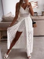 wsevypo Women Spaghetti Straps Long Beach Dress Boho Summer Sleeveless Hollow Out Floral Lace Playsuit Sundress Lady Outfit