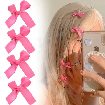 8PCS Pink Ribbon Bow Small Hair Clip Ins Sweet Cute Bangs Clip for