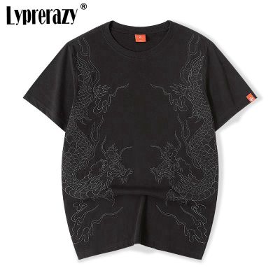 Lyprerazy Summer Dragon National Tide Embroidery Short-sleeved T-shirt Men Loose Cotton Tees
