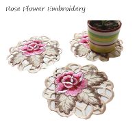 【CC】✁  satin rose flower embroidery place mat cloth pad cup doily Napkin coaster New Year placemat wedding kitchen